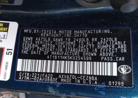 2019 Toyota Camry Le из США, поврежденный, VIN 4T1B11HK5KU254599